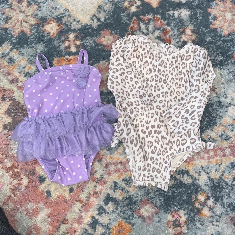 Old Navy Baby Girl Leopard Print Purple Polka Dot Swimsuit Size 0-3 & 0-6 MOS
